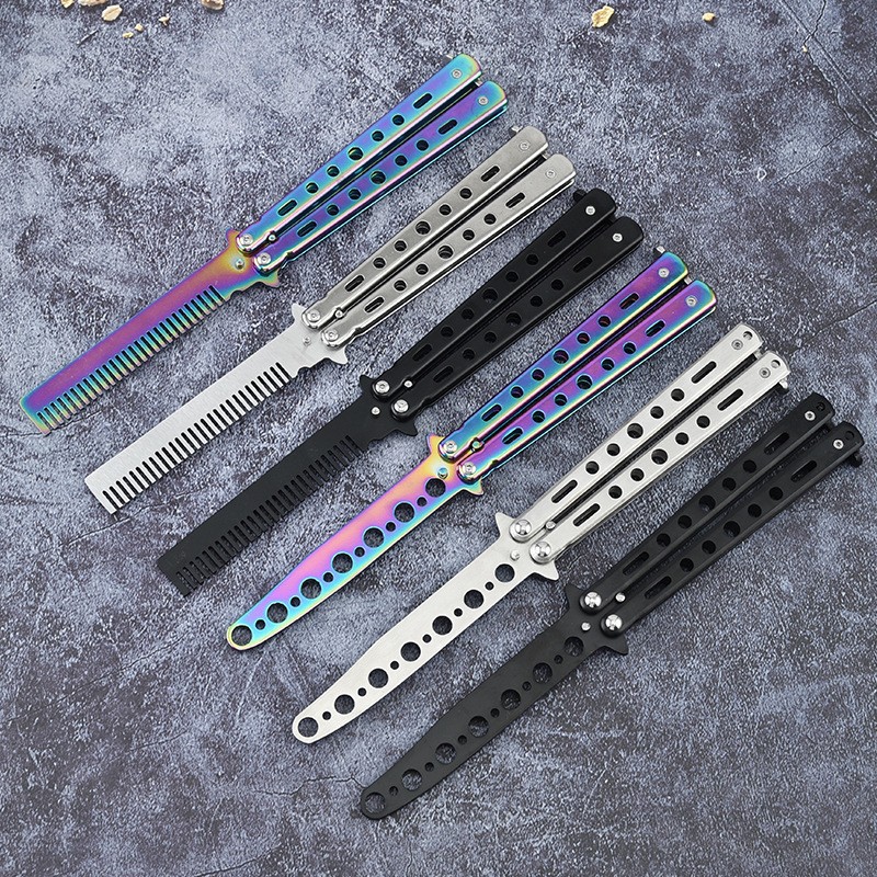 1pc Foldable Comb Stainless Steel Training Training Butterfly Knife Comb Beard Mustache Brushes Hair Styling Styling Tool