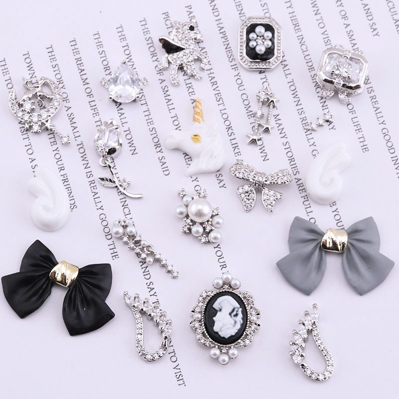 Nail Art Zircon Jewelry Pegasus Wings Pearl Unicorn Silver Bow Nail Decoration