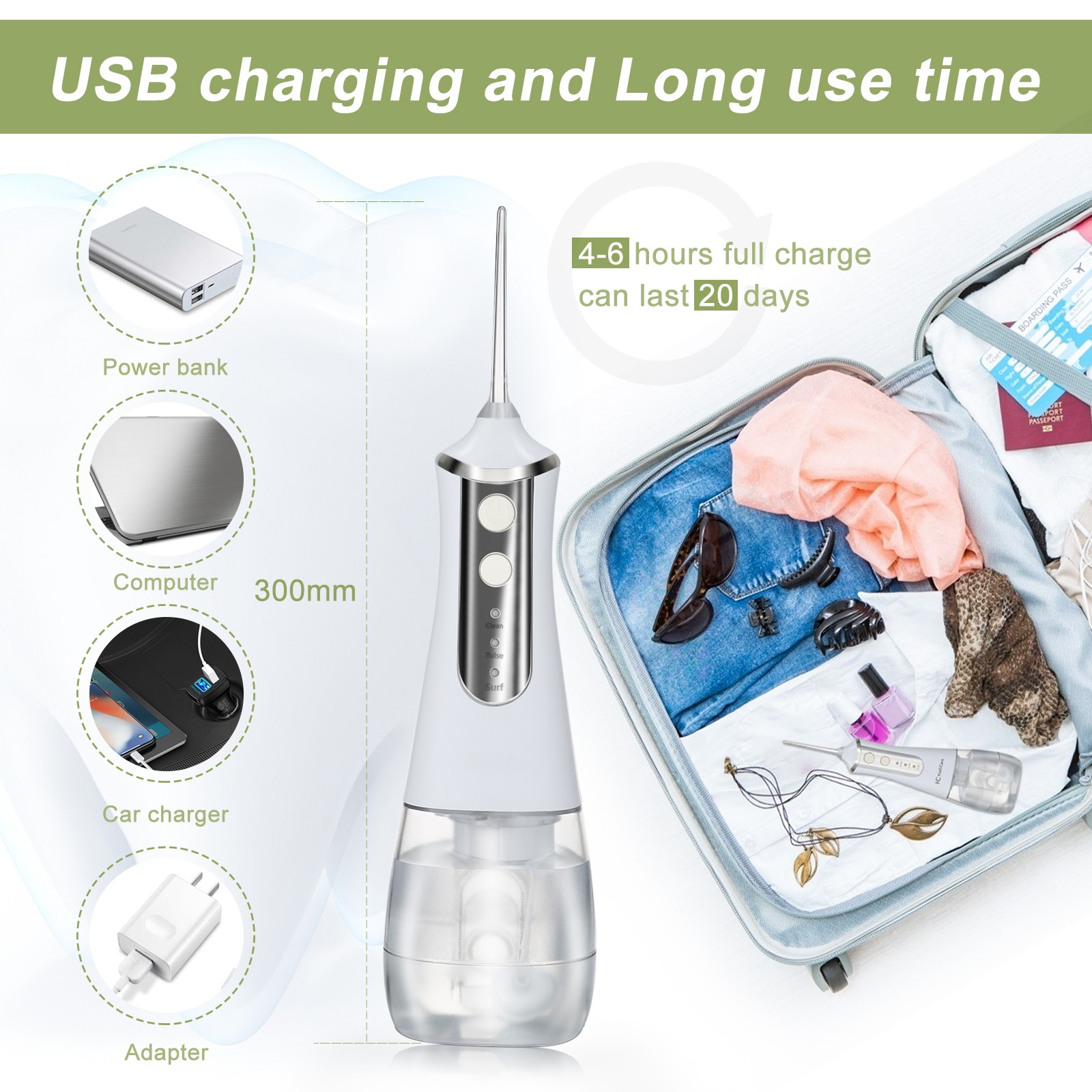 3 Modes Oral Irrigator USB Rechargeable Water Flossing Portable Dental Water Aerator Jet 350ml Dental Irrigator Dental Hygiene + 5 Jet