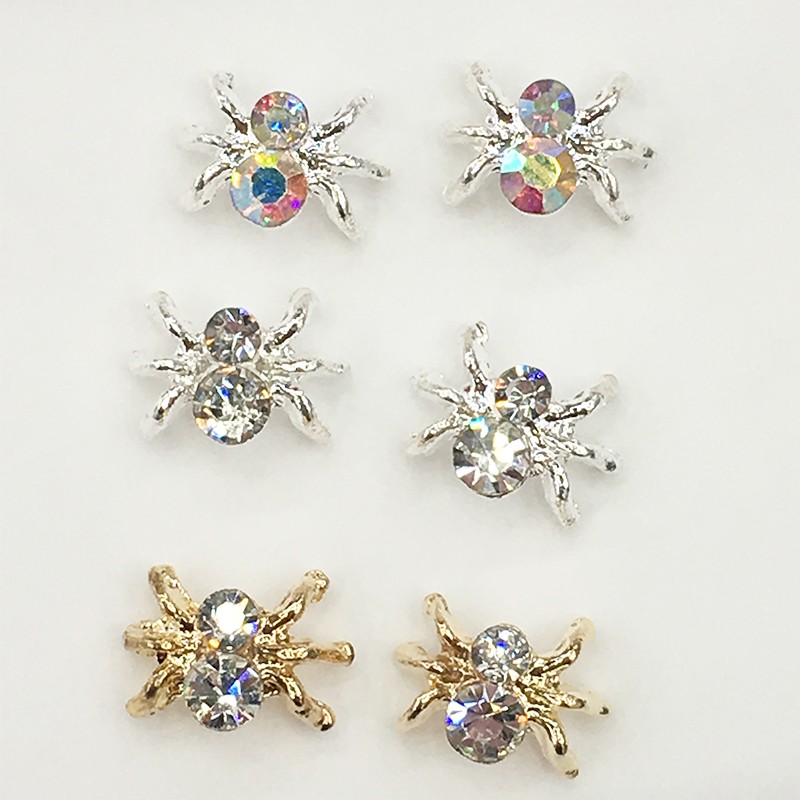 LEAMX 10pcs Alloy Spider Nail Art Decorations 3D AB/White Rhinestone Decorations Spider Nail Jewelry Sparkle Nail Supplies L459