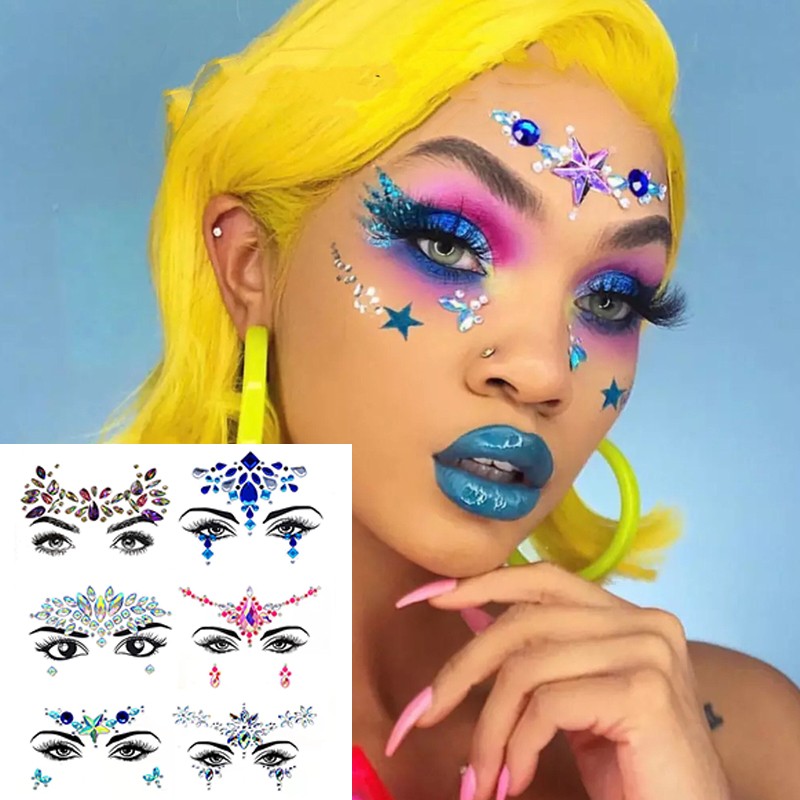 3D Sexy Face Tattoo Stickers Face Decoration Temporary Tattoo Glitter Fake Tattoo Rhinestones for Woman Party Face Jewelry Tattoo