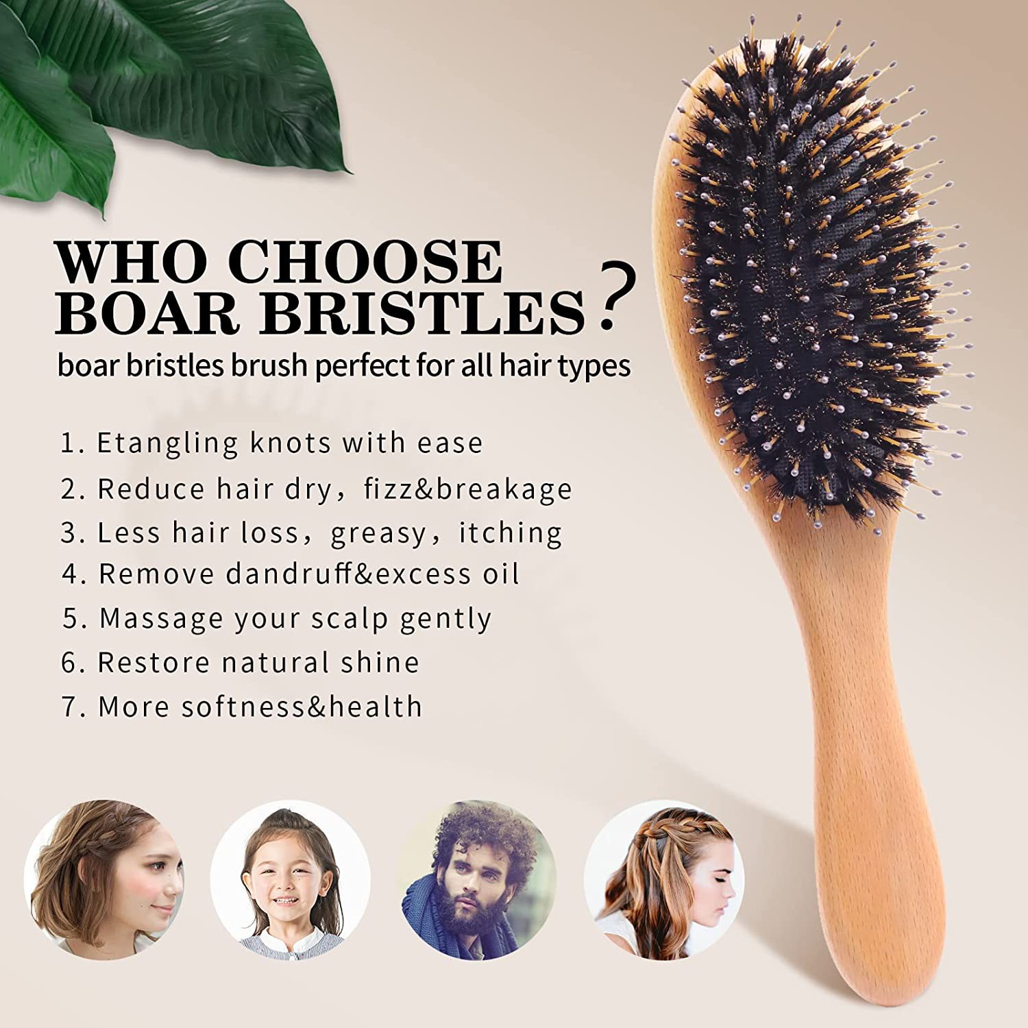 Natural Boar Bristle Massage Brush Comb Wood Handle Brush Comb Massage Comb Anti-static Hair Scalp Paddle Brush Styling Tool