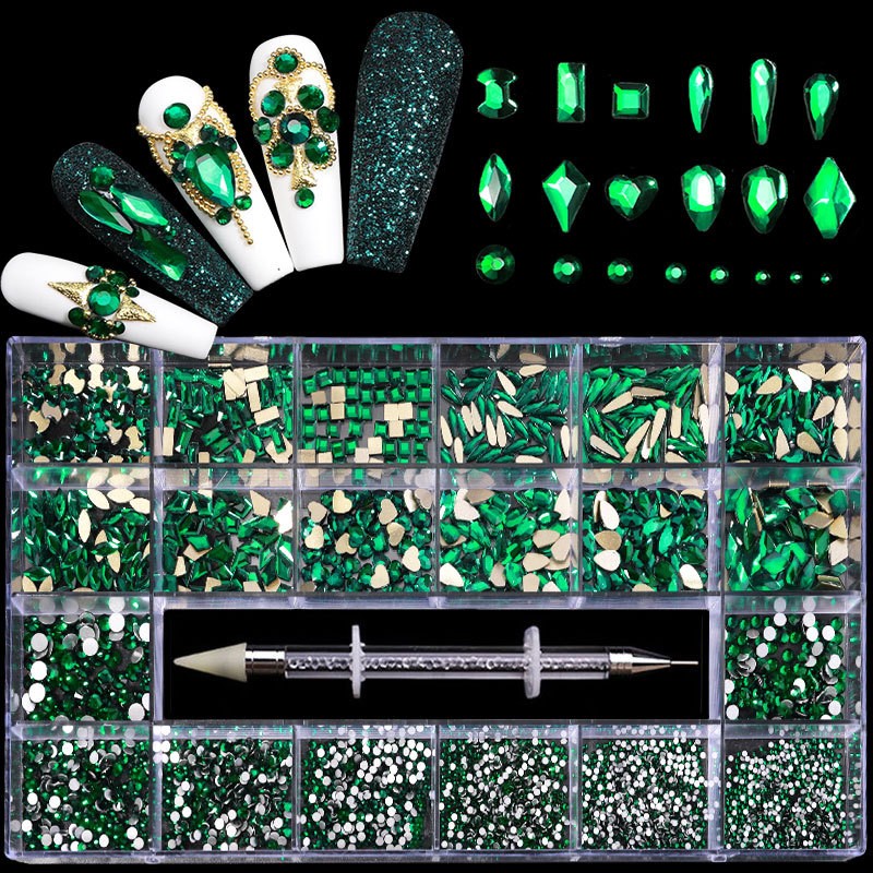 Luxury Box Shiny Diamond Nail Art Rhinestone Crystal Glass Set Decorations Set 1pcs Pick up Pen in Grids Box 21 Shapes of 2500pcs