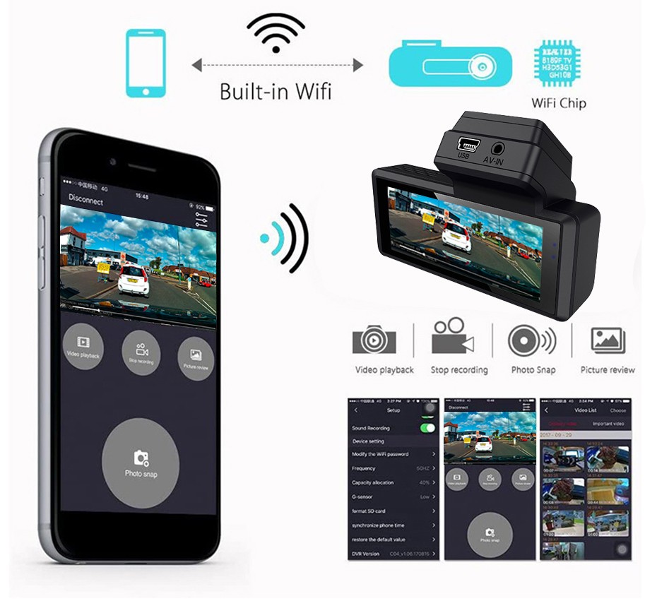 Car DVR Video Recorder WiFi APP Smart DVR Dash Rear View Camera 3.16" inch 1080P HD WDR G-Sensor Night Vision Racing Camera