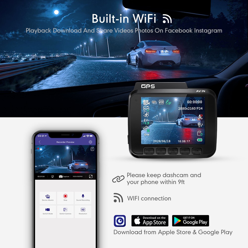 Azdom 4K Car DVR GPS WIFI (Free 64G TF) Dash Cam Car Recorders 1080P Rear Camera Emergency Record Night Vision Parking Monitor