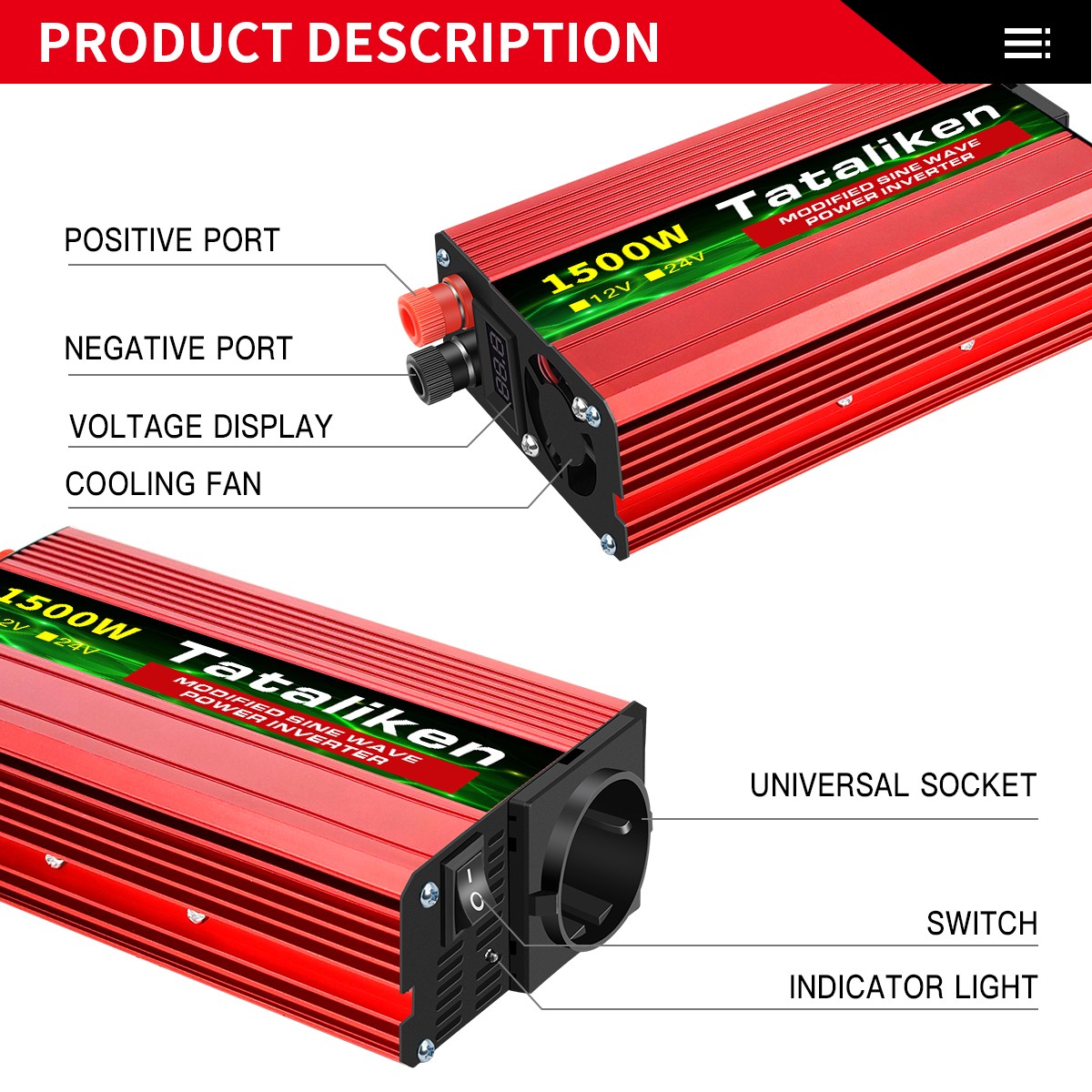 Auto inverter, 12V to 220V, 1500W/2000W/3000W/4000W, LED display, camping, emergency European standard conve inverter