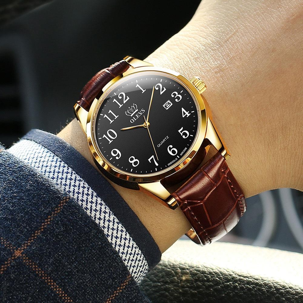 OLEVS Men's Quartz Watch Top Brand Fashion Casual Luxury Dress Genuine Brown Leather Strap Men's Watches Waterproof Wristwatch