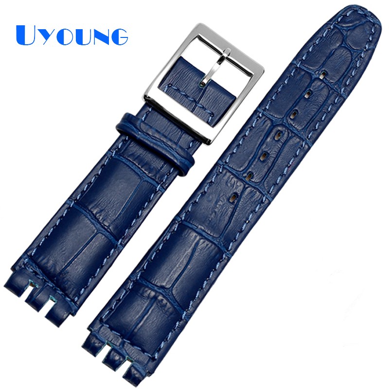 High Quality Luxury 17mm 19mm Waterproof Genuine Leather Watch Strap Band for Swatch Crocodile Pattern Leather Strap Men Blue Red