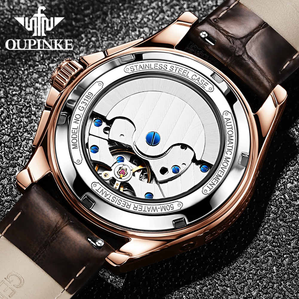 OUPINKE Luxury Men Watches Chronograph Automatic Mechanical Leather Watch Waterproof Sport Moon Phase Wristwatch montre homme