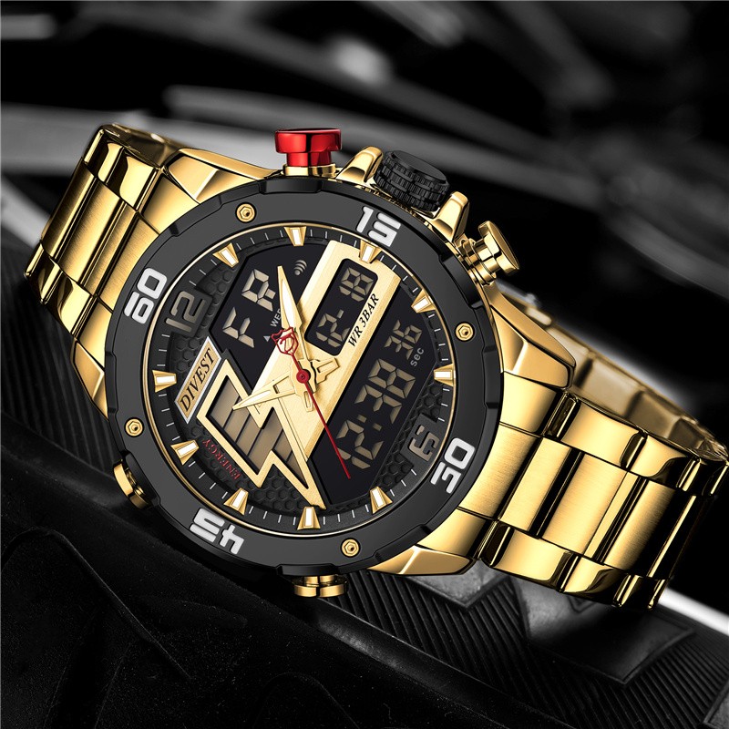 DIVEEST Authentic Gold Watch Men Luxury Brand Analog Quartz Casual Sports Watch Digital Military Chronograph Wrist Watches for Men