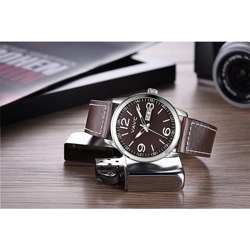 2022 New VAVC Quartz Watches Men Black Leather Band Causal Analog Dress Quartz Wrist Watch with Black Face and Simple Design