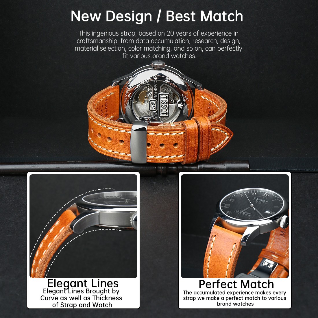 MAIKES Handmade Watch Band Genuine Cow Leather Watch Strap with Butterfly Buckle Bracelet for Montblanc Tudor Watchbands