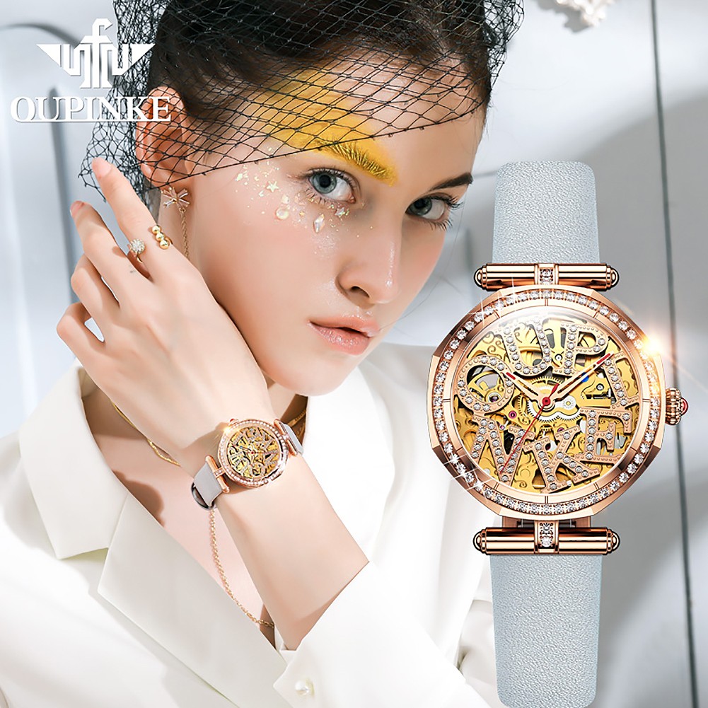 OUPINKE Genuine Leather Strap LuxuryTop Brand Women Wristwatches Fashion Waterproof Automatic Mechanical Watch for Women