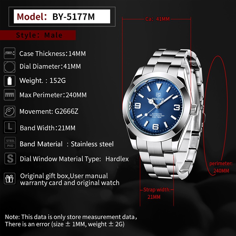 2022 New BENYAR Stainless Steel Automatic Men's Watches Top Brand Water Resistant Luxury Mechanical Wristwatch for Men