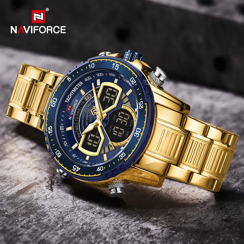 NAVIFORCE Men Sports Military Waterproof Watches Luxury Analog Quartz Digital Wrist Watch for Men Stainless Steel Gold Watches