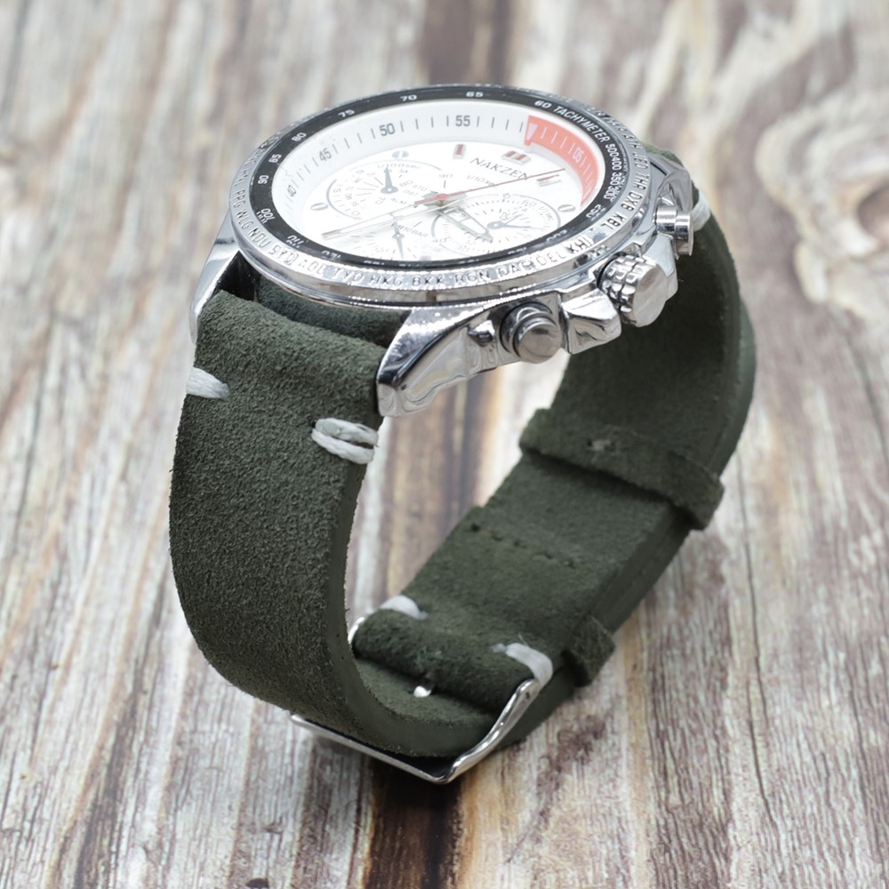 Onthelevel Handmade Dark Green Suede Leather Watch Strap Bands 18mm 20mm 22mm Stainless Steel Buckle With White Black Stitching