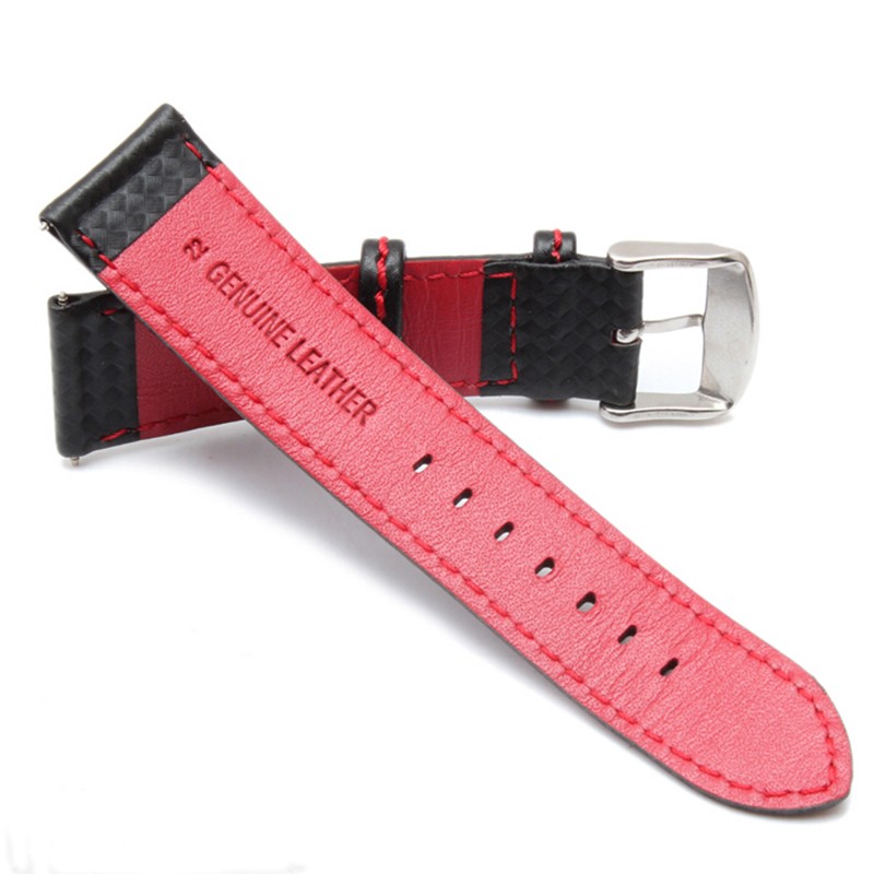 New 18mm 20mm 21mm 22mm 23mm durable orange stitching carbon fiber man black genuine leather with silver buckle watchband strap