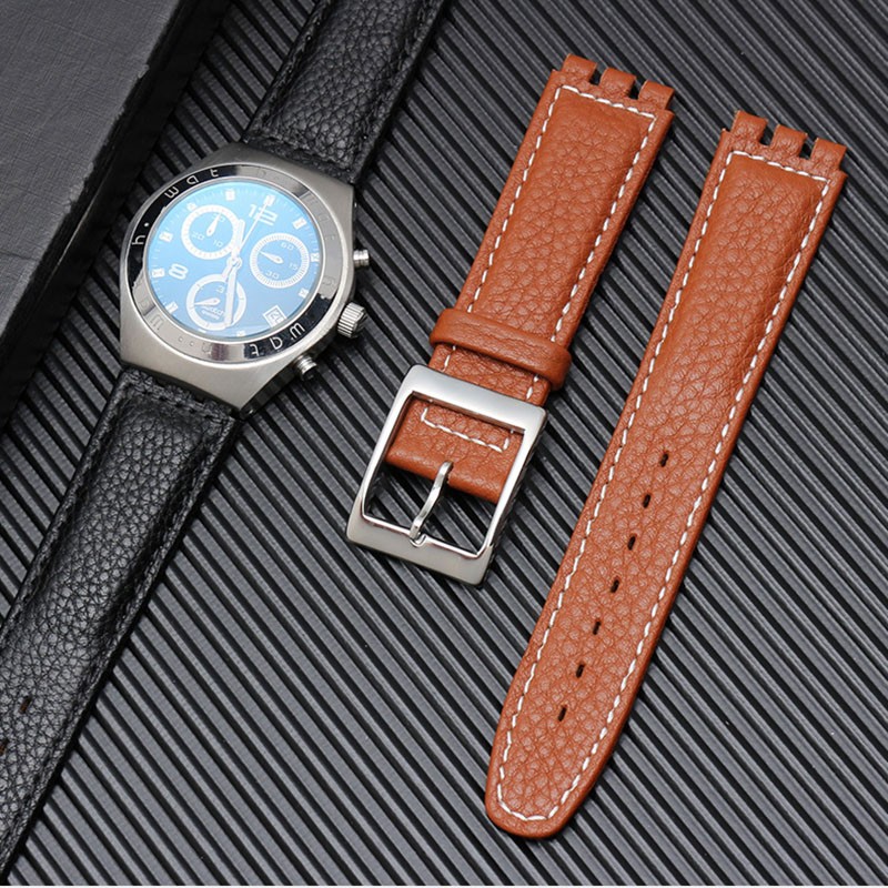 Leather Watch Strap Waterproof For Swatch YIS415/414 YCS YAS YGS 17mm Replacement Cowhide Watch Band Concavo Convex Watch Bracelet