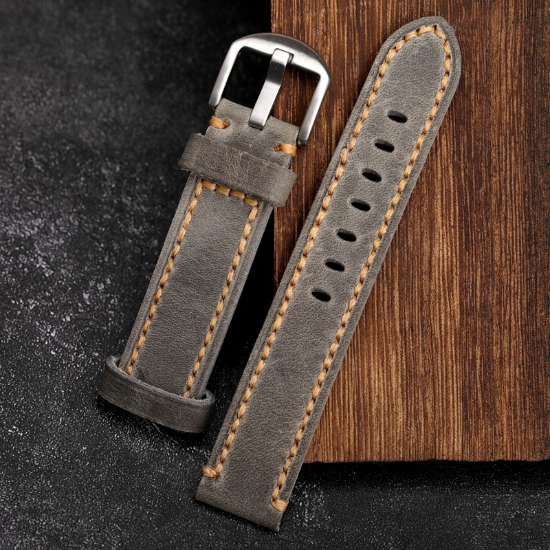 Gray leather strap suitable for military watch mountaineering watch 20 21 22 23 24mm first layer leather watch strap