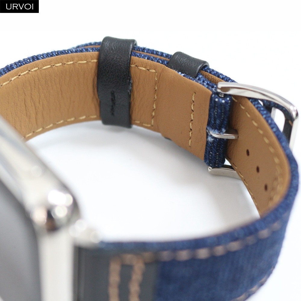 URVOI Band for Apple Watch Series 7 654321SE Jean Band with Genuine Leather Strap for iWatch Denim Design Canvas Wrist