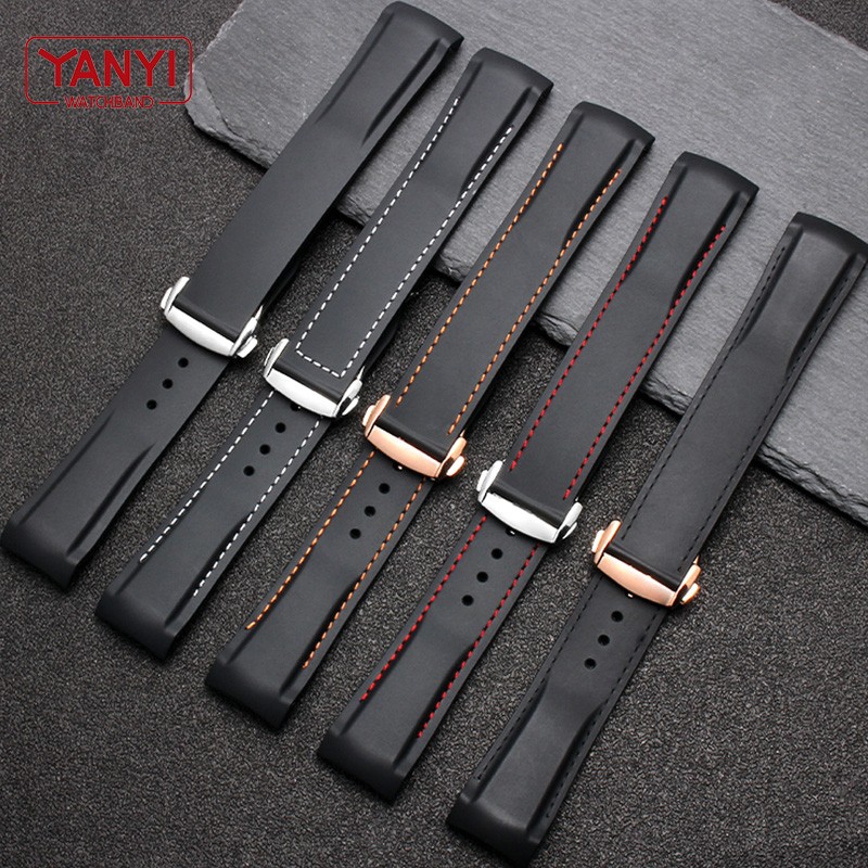Rubber watch strap 20mm 22mm silicone watchband suitable for omega watch band folding clasp curved end wrist strap