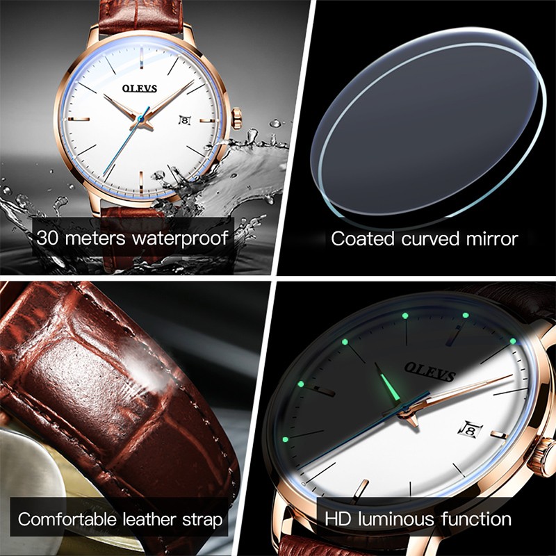 OLEVS 2022 Luxury Fashion Men's Watches Black Automatic Calendar Leather Strap Luminous Hands Waterproof Mechanical Watch Men