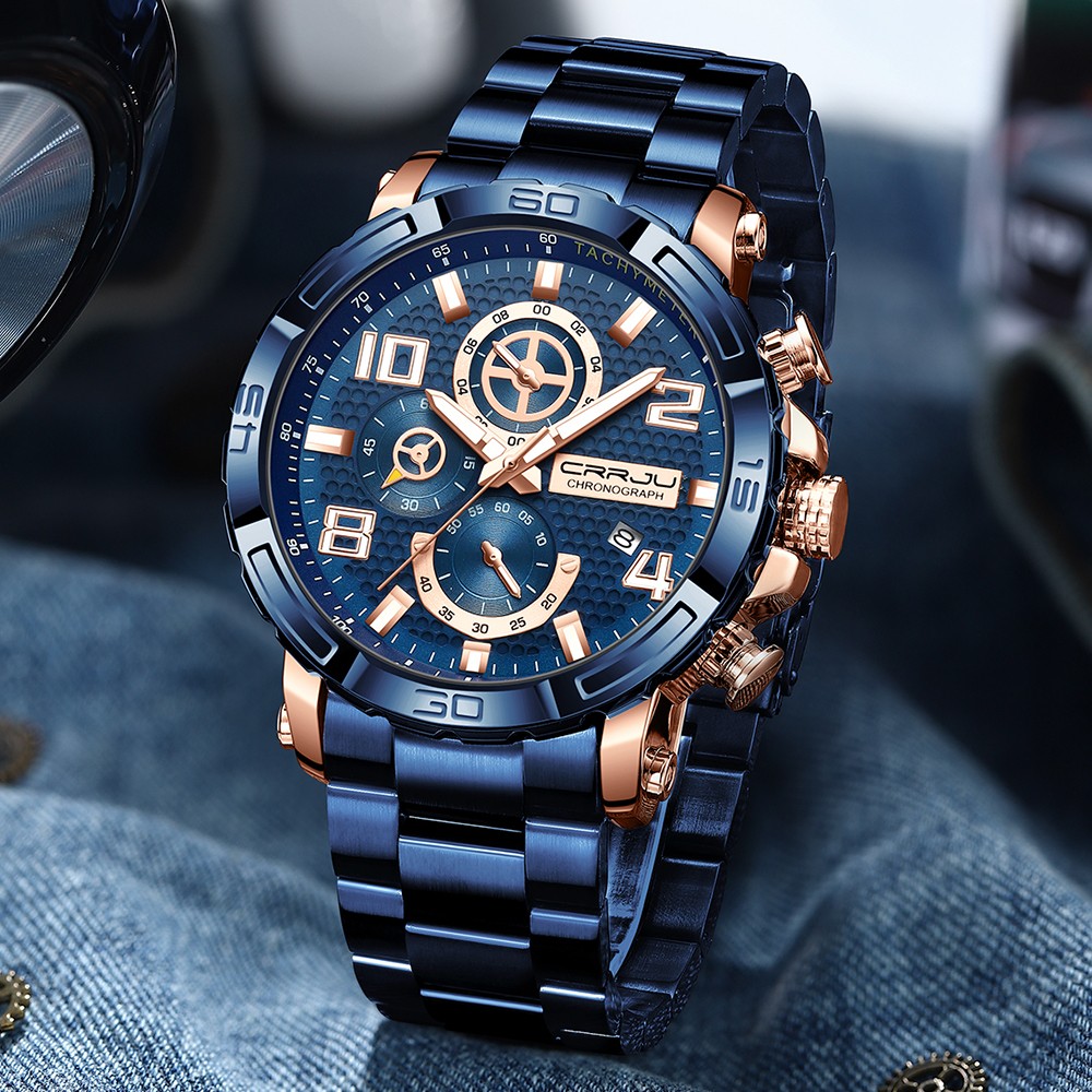 CRRJU Men's Watches Large Dial Waterproof Stainless Steel With Luminous Hands Date Sports Chronograph Watches Relogio Masculino