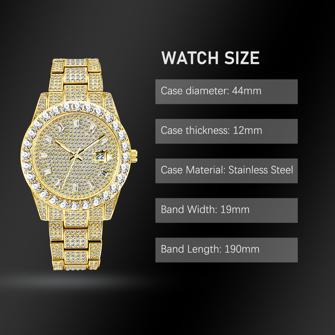 Luxury Men's Watch Bling Bling Big Diamond Quartz Watches Male Hip Hop Rock Stylish Waterproof Calendar Wristwatches Droshipping