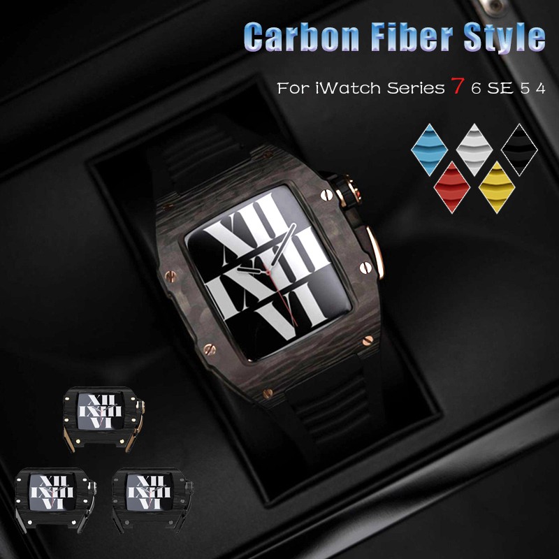 Carbon Fiber Watch Modification for Apple Watch 7 45mm Carbon Fiber Case for iWatch 6 SE 5 4 44mm Fluoro Rubber Strap Richard