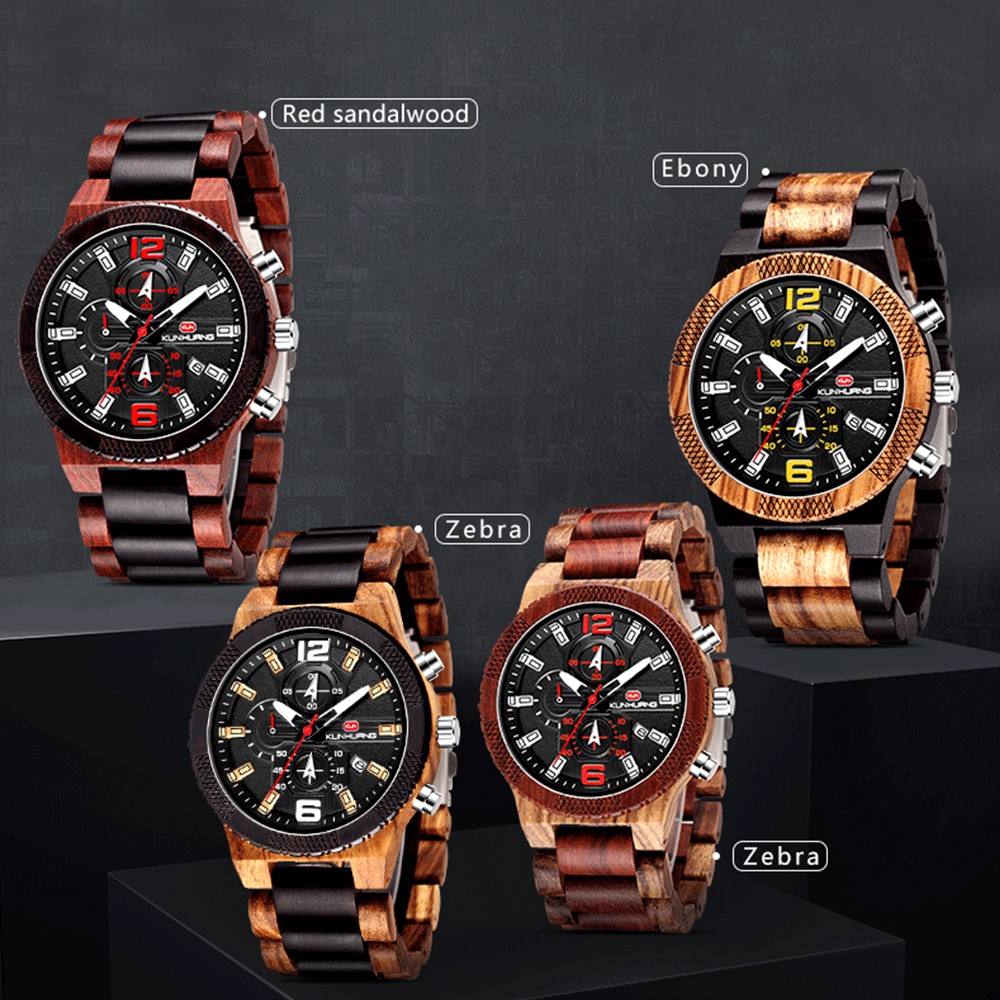 Kunhuang Wooden Watch Fashion Personality Creative Design Senior Ebony Men Watches Quartz Watch Movement Wooden Box Montre Homme