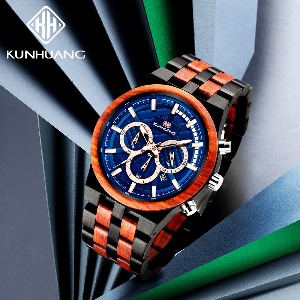 Kunhuang New Wooden Watch Men Luxury Chronograph Ebony Quartz Watch Blue Dial Metal Glass Mirror Wooden Box