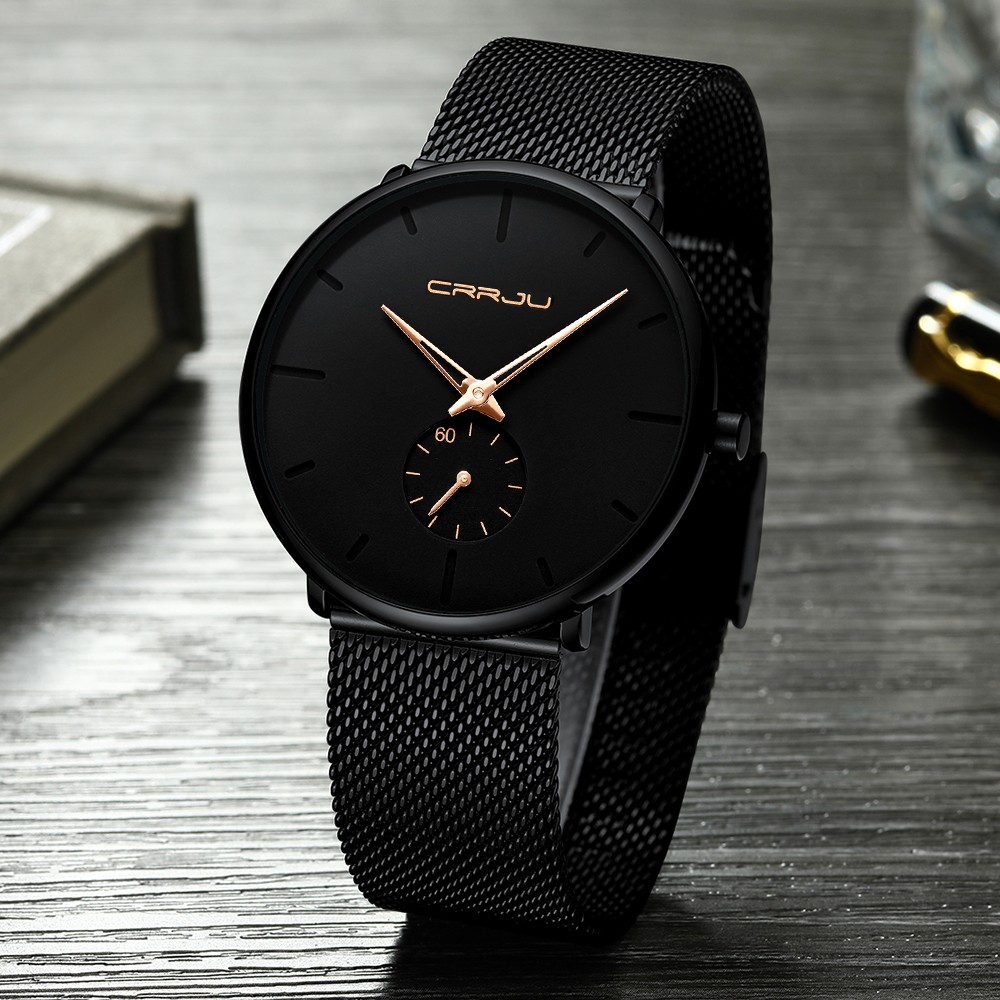 Fashionable Quartz CRRJU Men's Watches Luxury Fashion Slim Mesh Water Resistant Watches