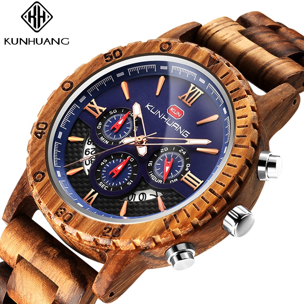 kunhuang wooden watch men erkek kol saati luxury stylish wood watches chronograph military quartz watches in wooden gift box