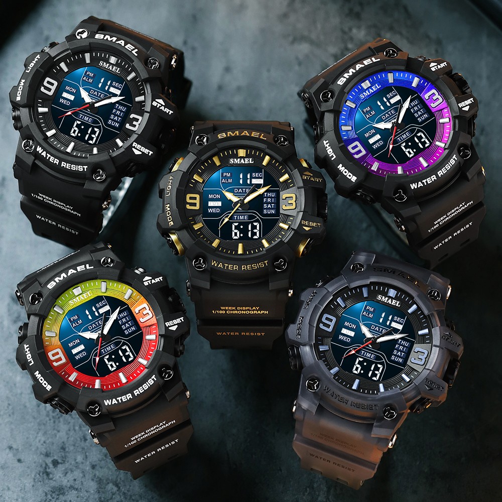 Men's Watch Sport Water Resistant LED Lights Alarm Clock Dual Time Week Display Auto Date Wristwatches 8049 Sport Quartz Watches