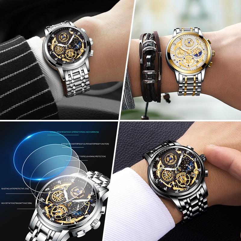 WISHDOIT Original Watch Men Waterproof Stainless Steel Quartz Analog Fashion Business Sun Moon Star Top Brand Wristwatches