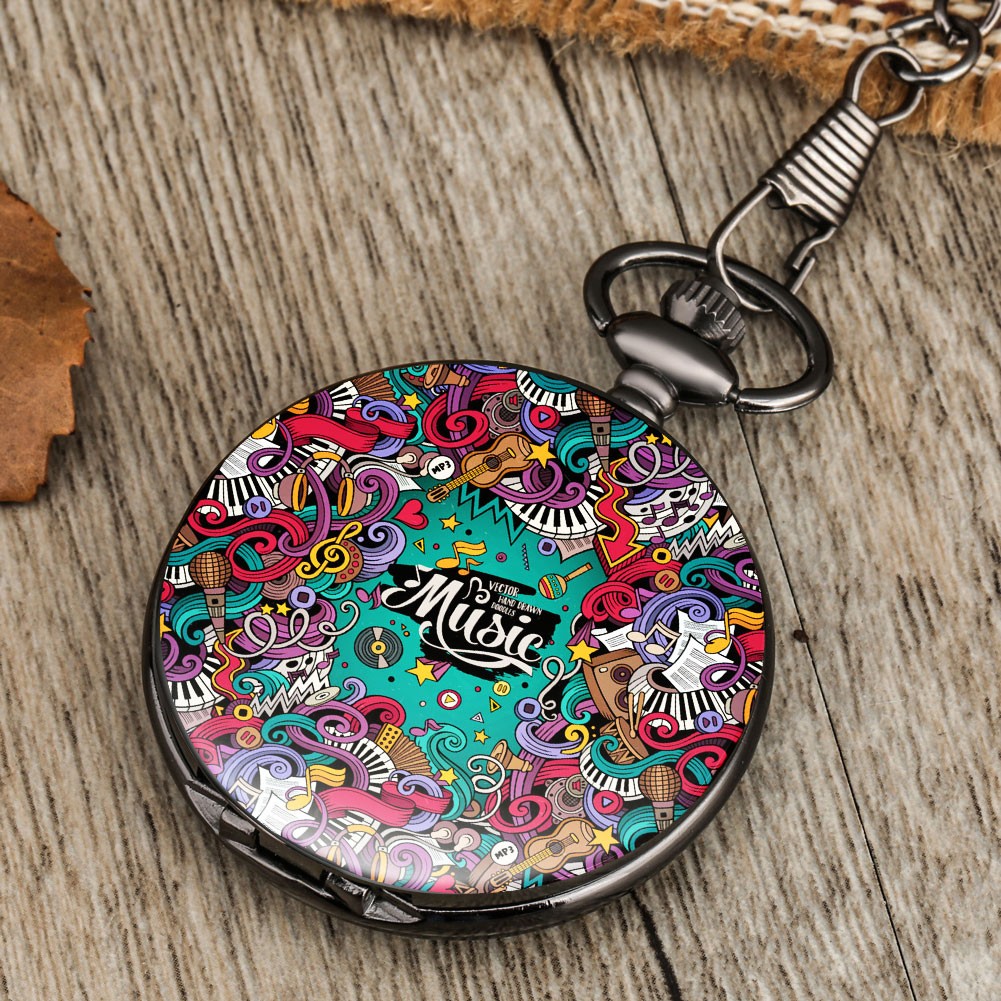 Accept custom casual men women quartz pocket watch with chain thick color graffiti style fashion unisex watches birthday gift