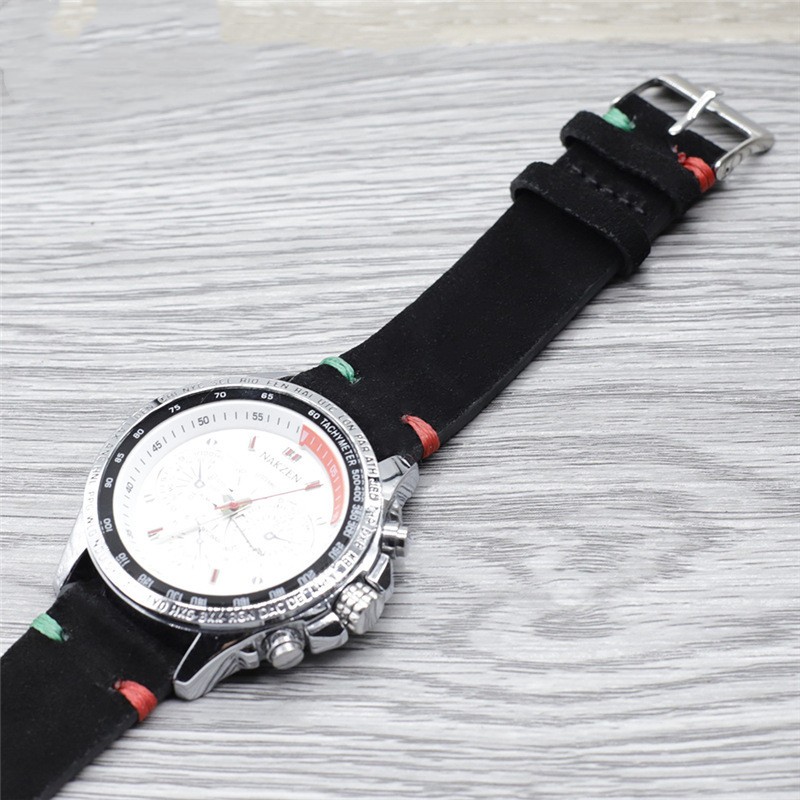 Genuine Suede Leather Watch Strap Handmade Colorful Stitching Black Watchband 18mm 20mm 22mm 24mm Replacement Band Men