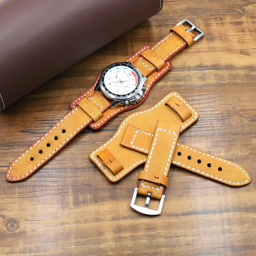 22mm 24mm Genuine Leather Watch Strap Wristwatch Band With Mat Wrist Protection Handmade Vintage Cuff Watches Bracelet