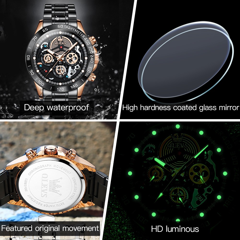 OLEVS Watch for Men Waterproof Quartz Wrist Watch Stainless Steel Skeleton Design Sports Men Watch Luxury Brand Male Watches