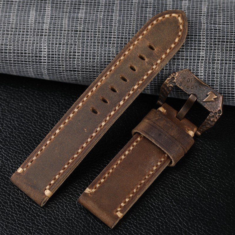 Dark brown crazy horse leather strap 20 21 22 23 24 26 mm fits bronze watch bracelet, vintage style