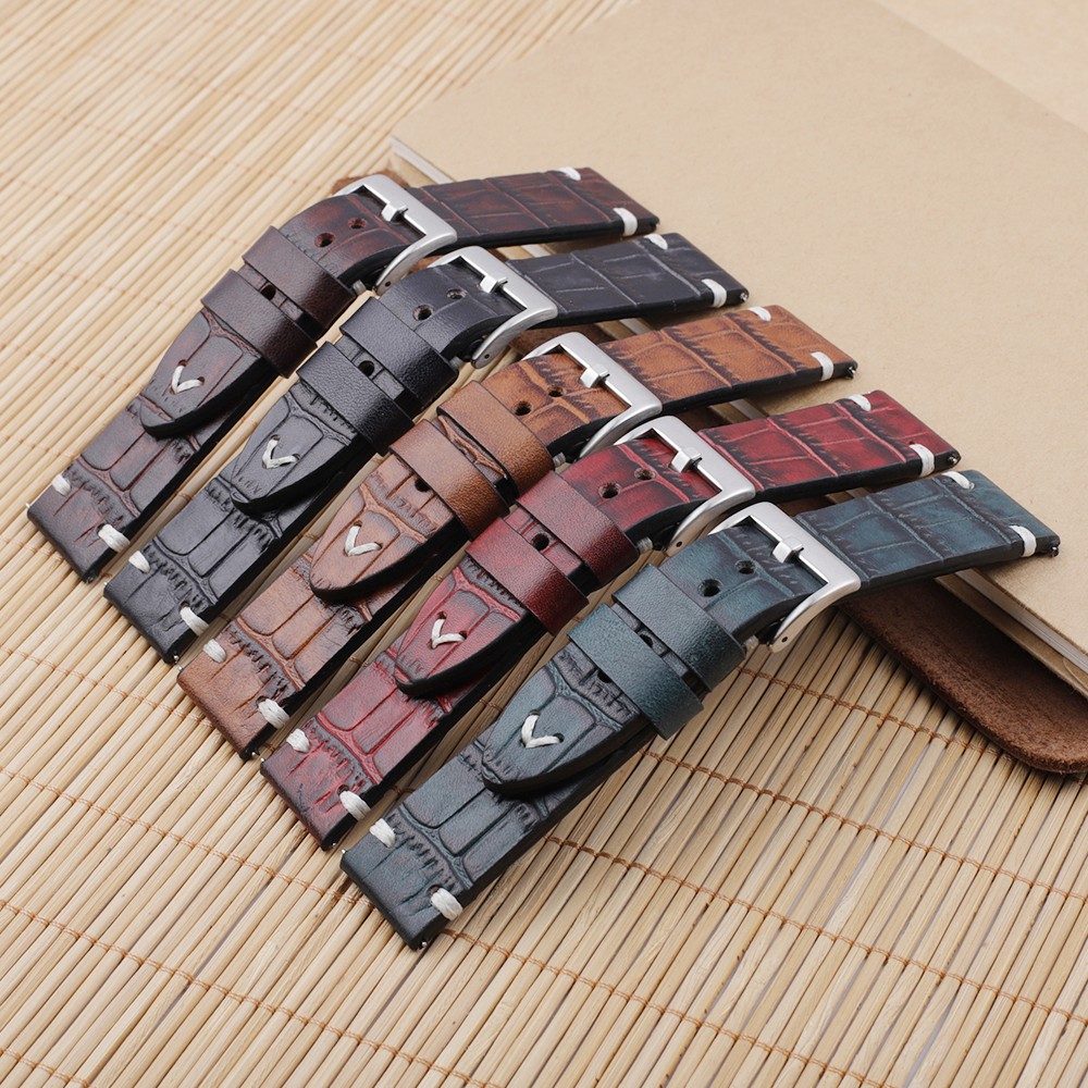 Vegetable tanned leather watchband 18mm 20mm 22mm 24mm handmade stitching genuine leather crocodile watch strap replacement