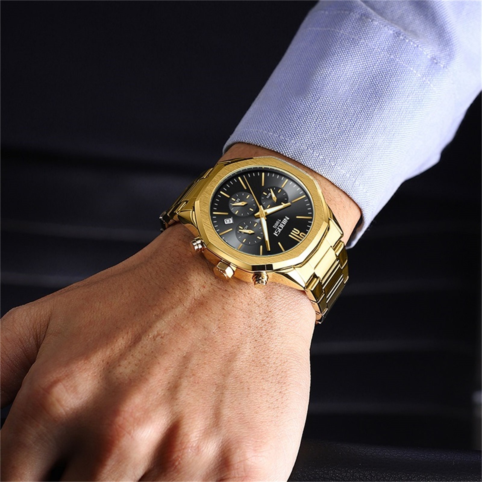 NIBOSI Fashion Gold Quartz Watches Casual Sports Waterproof Chronograph Watch Creative Irregular Man Wristwatch Relogio Masculino