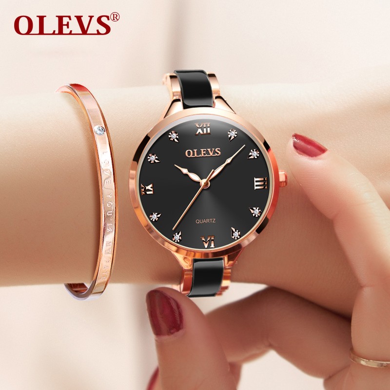 OLEVS Women Watches Fashion Trend Watch for Women Ceramic Strap Brick Dial Luminous Waterproof Quartz Wristwatch Casual Gift Set