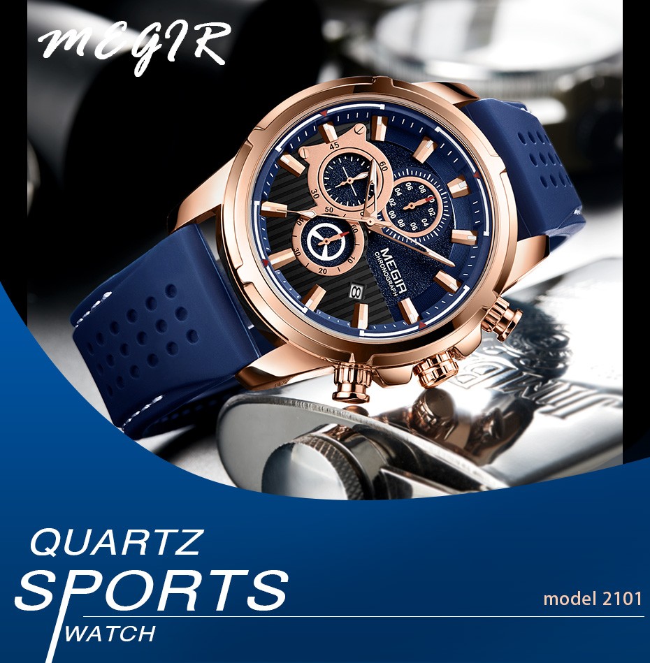 MEGIR New Sport Chronograph Silicone Mens Watches Top Brand Luxury Quartz Clock Waterproof Big Dial Watch Men's Watch