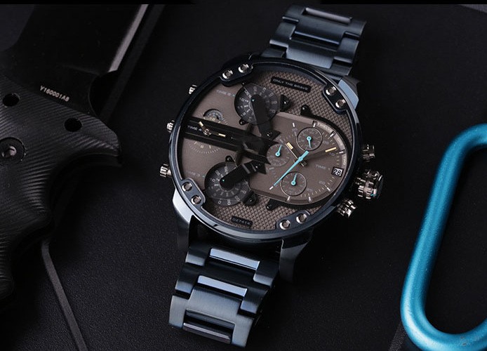 Sports Blue Big Dial Men's Watch Double Machine 7395 Cool Blue Steel Belt Quartz Watches Male Clock Locomotive Relogio Masculino