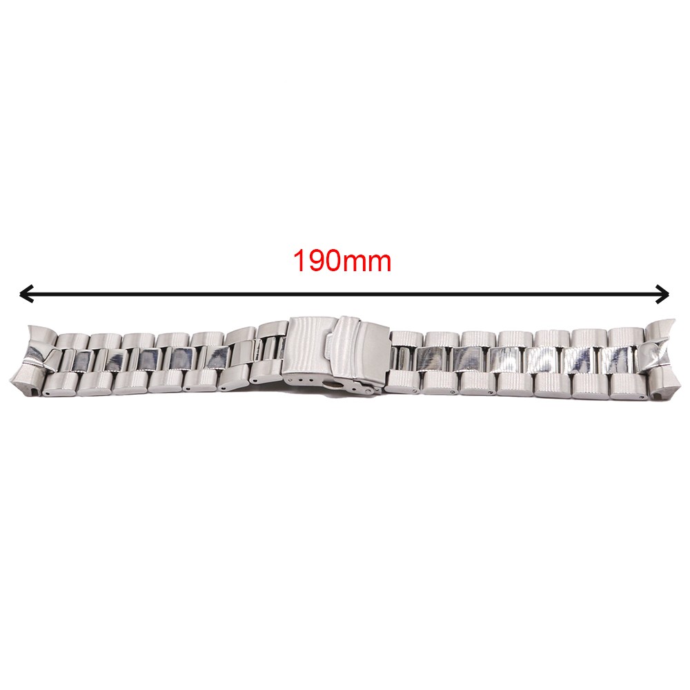 Rolamy 22mm Solid Silver Curved End Solid Links Replacement Watch Band Strap Bracelet Double Push Clasp for Seiko