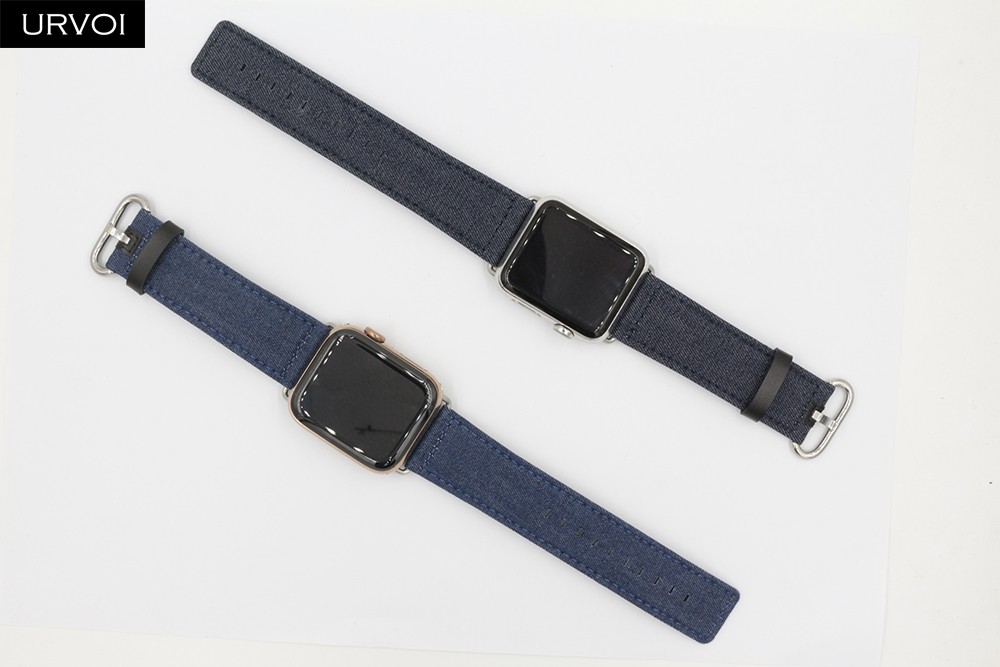 URVOI Band for Apple Watch Series 7 6 SE 5 4 3 2 1 Strap for iwatch Blue Denim Jeans Leather Back Band Classic Buckle 41 45mm