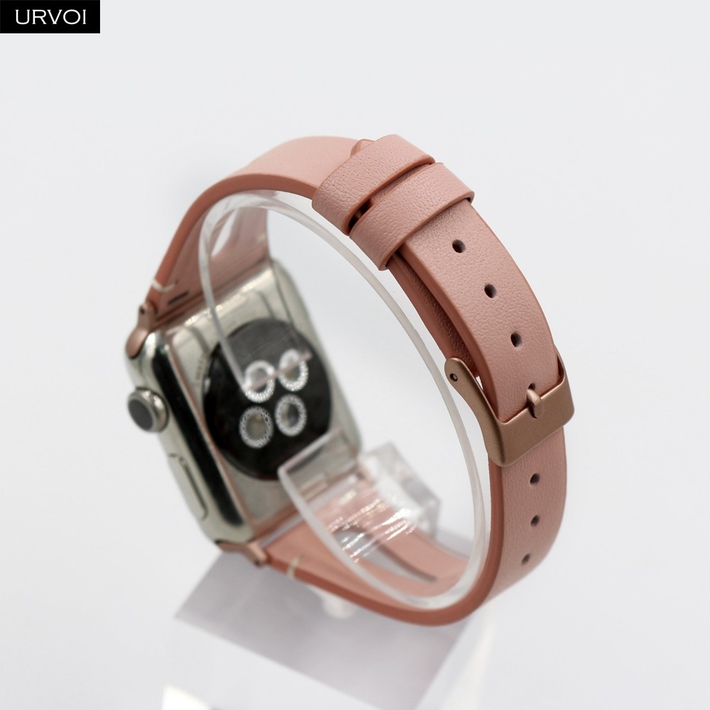 URVOI Leather Band for Apple Watch Series 7 6 SE 5 4 3 Strap for iwatch 41 45mm T Hole Flowers Printed Wrist Women Band