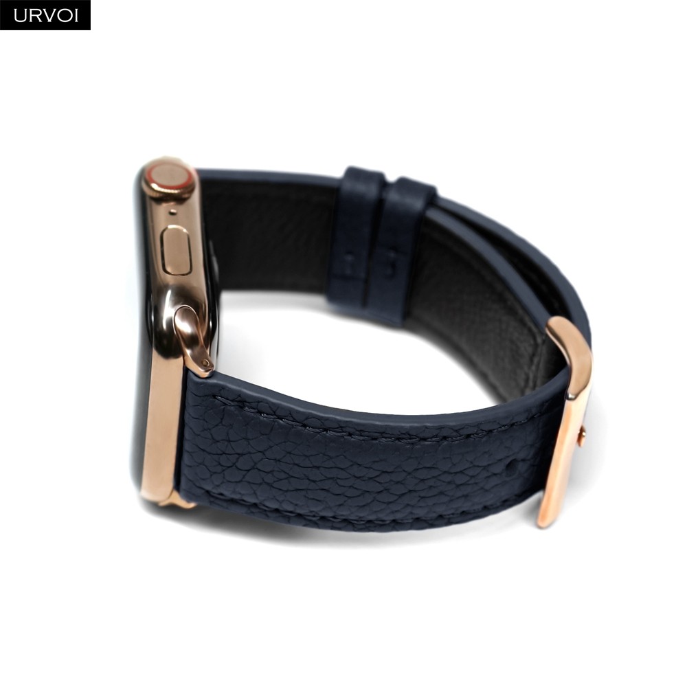 URVOI Band for Apple Watch Series 7 6 SE 5 4 321 Genuine Litchi Grain Leather Strap for iWatch Pin Buckle Black Rose Gold Buckle