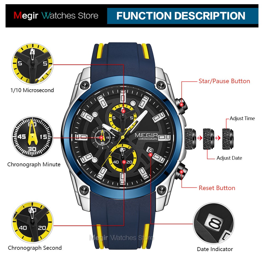 MEGIR Men Sports Military Watches Men Waterproof Fashion Blue Silicone Strap Wristwatch Man Luxury Top Brand Luminous Watch